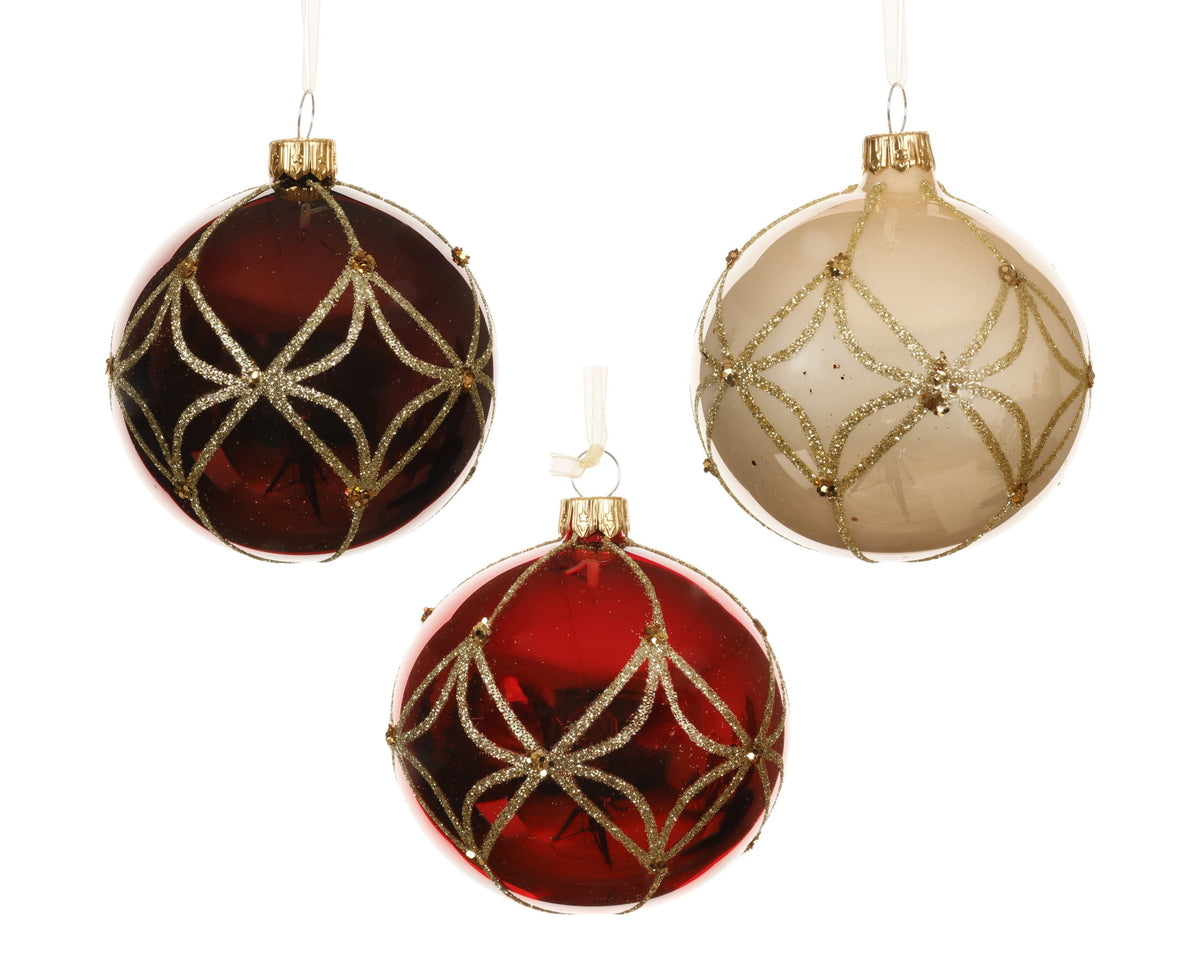 kerstbal glas enamel, shiny line decor 3col ass assortie d.8cm