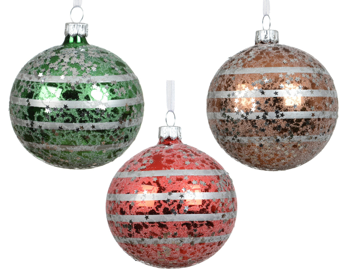 kerstbal glas shiny horizontal lines with stars 3col ass assortie d.8cm
