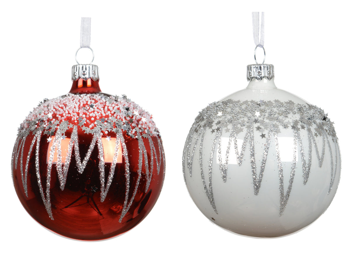 kerstbal glas enamel, shiny star top border with lines 2col ass assortie d.8cm