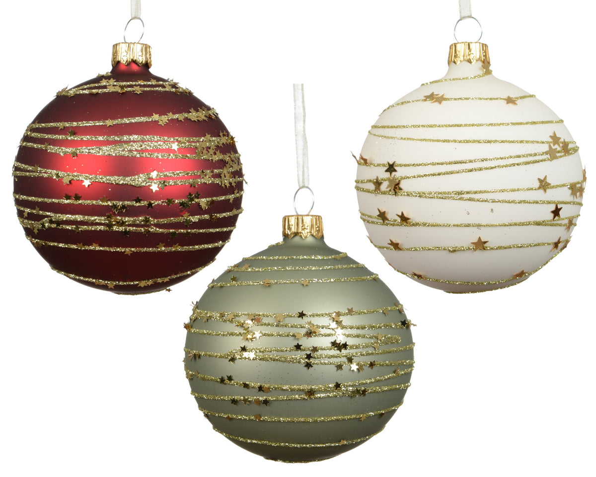 kerstbal glas matt stripes stars 3col ass assortie d.8cm