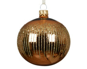 kerstbal glas shiny vertical lines with glitter brandy d.8cm