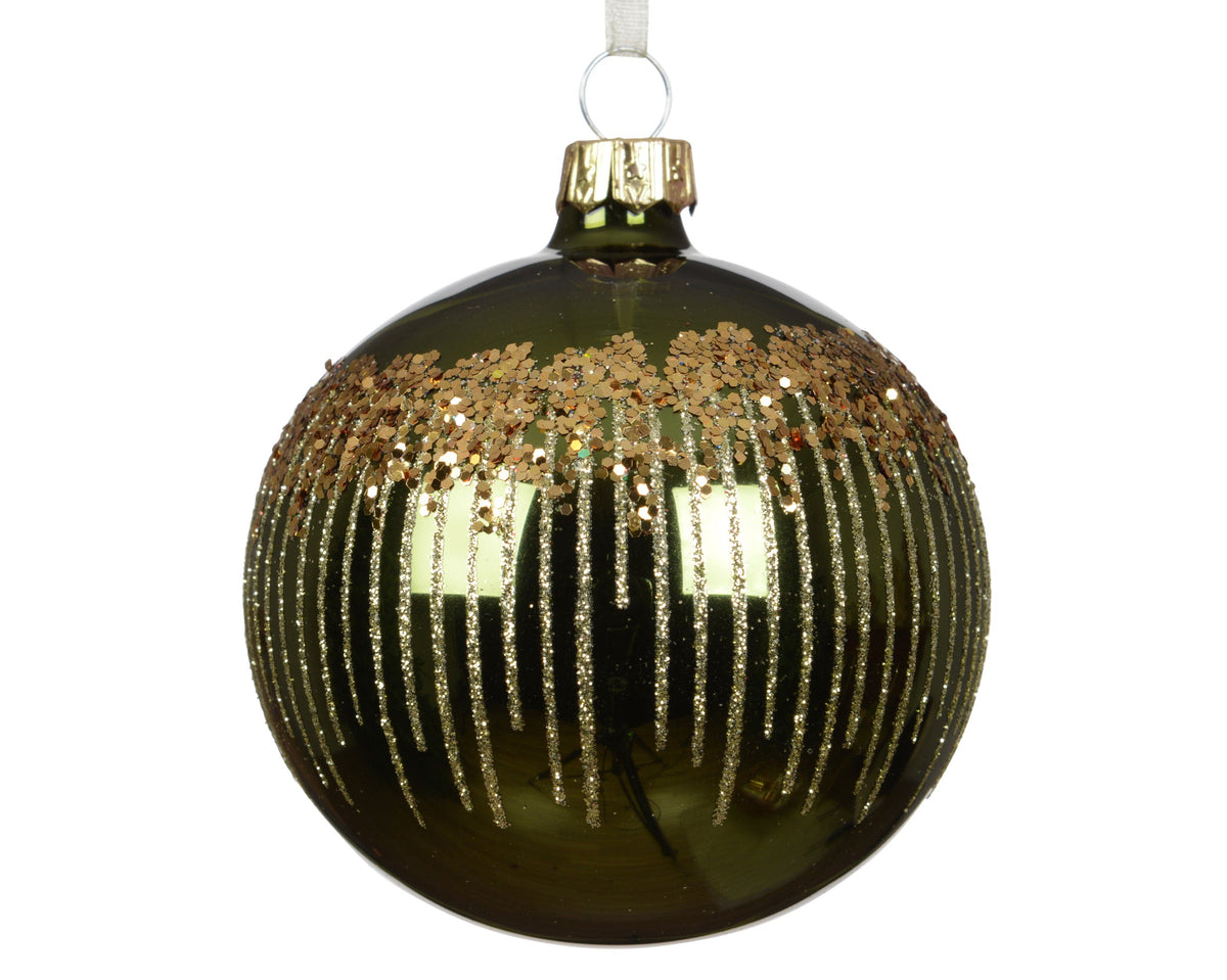 kerstbal glas shiny vertical lines with glitter dennengroen d.8cm