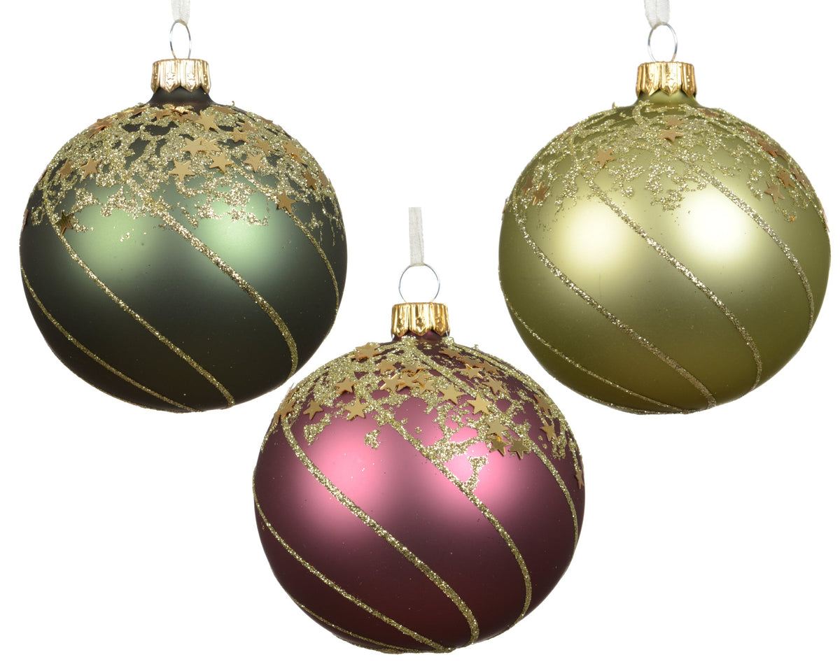 kerstbal glas matt glitter star top with lines 3col ass assortie d.8cm