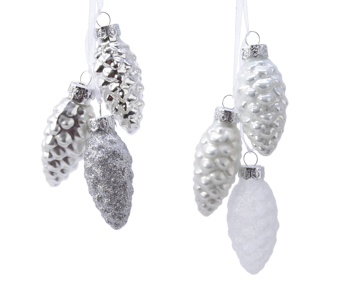 dennenappel glas shiny,matt,glitter mix wit/zilver d.2.5cm x h.6cm