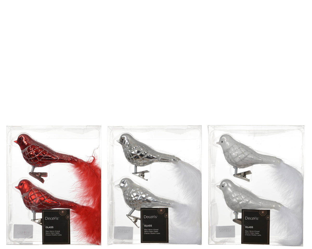 vogel glas shiny - matt with glitter lines, white feather tail 3col ass assortie l.9cm x w.4.5cm x h.8cm