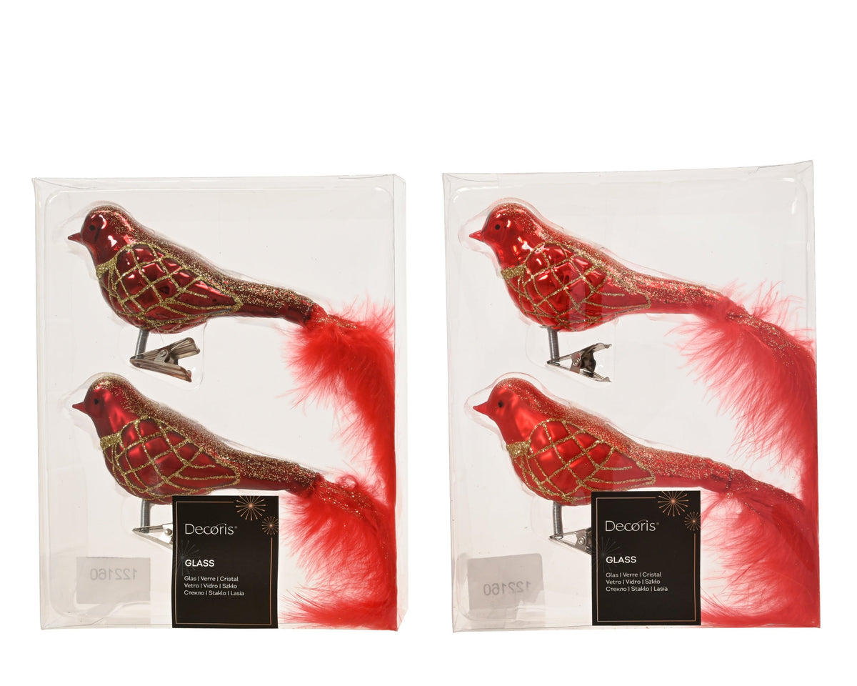 vogel glas shiny - matt with glitter lines, white feather tail 2col ass assortie l.9cm x w.4.5cm x h.8cm