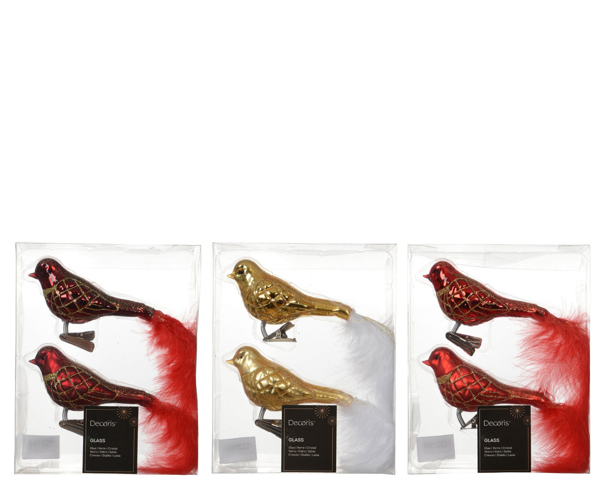 vogel glas enamel - matt with glitter lines, white feather tail 3col ass assortie l.9cm x w.4.5cm x h.8cm