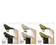 vogel glas shiny - matt with glitter lines, white feather tail 3col ass assortie l.9cm x w.4.5cm x h.8cm