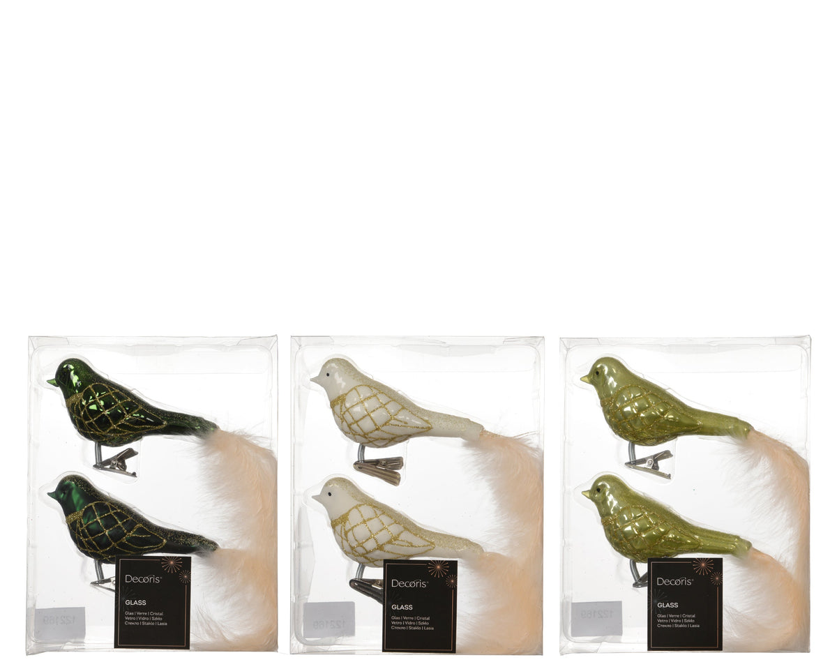 vogel glas shiny - matt with glitter lines, white feather tail 3col ass assortie l.9cm x w.4.5cm x h.8cm