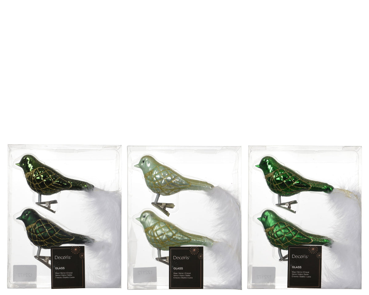 vogel glas shiny - matt with glitter lines, white feather tail 3col ass assortie l.9cm x w.4.5cm x h.8cm
