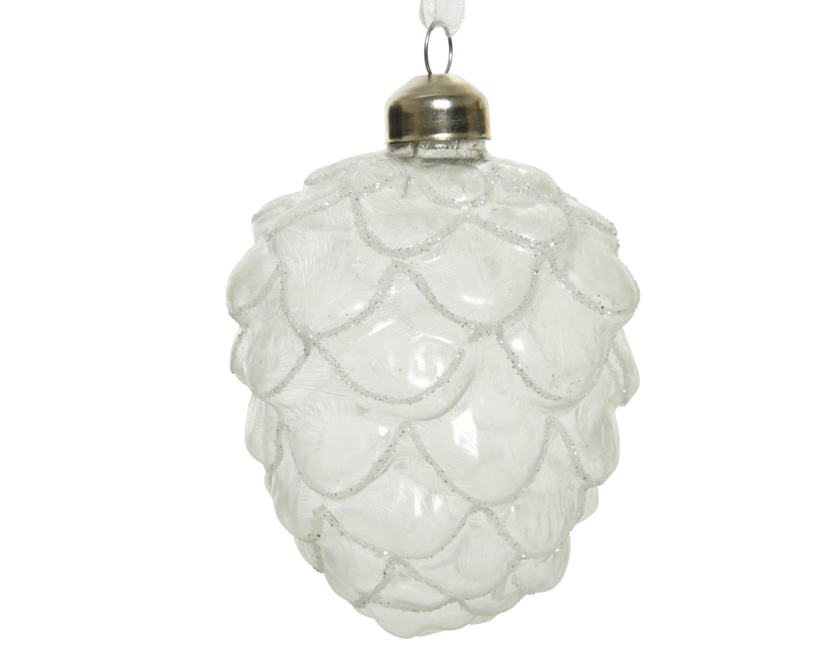 dennenappel glas frosted white white glitter on edges frost l.8cm x w.8cm x h.10cm