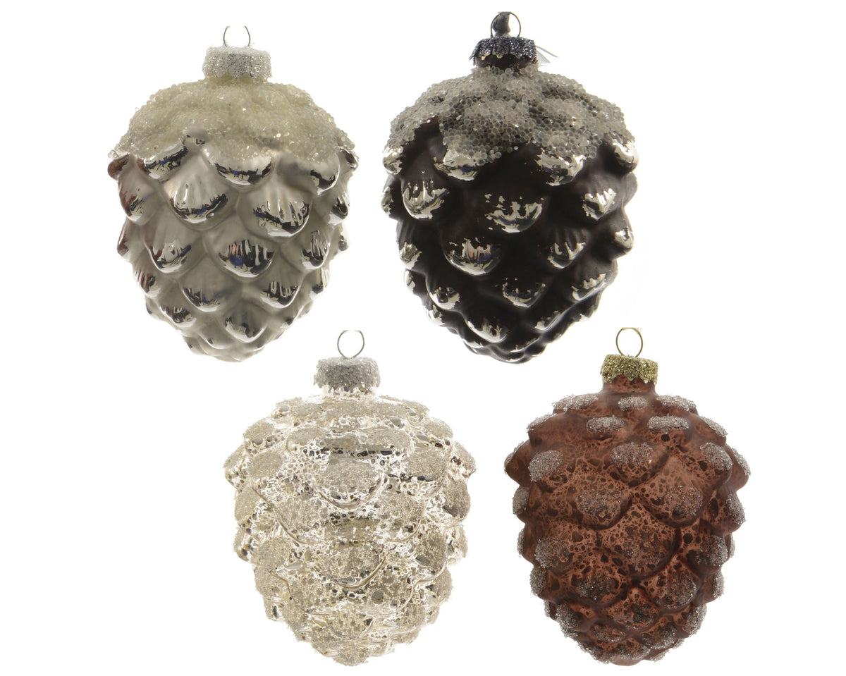 dennenappel glas silver inside ballotine, small clear beads 4col ass assortie l.8cm x w.8cm x h.10cm