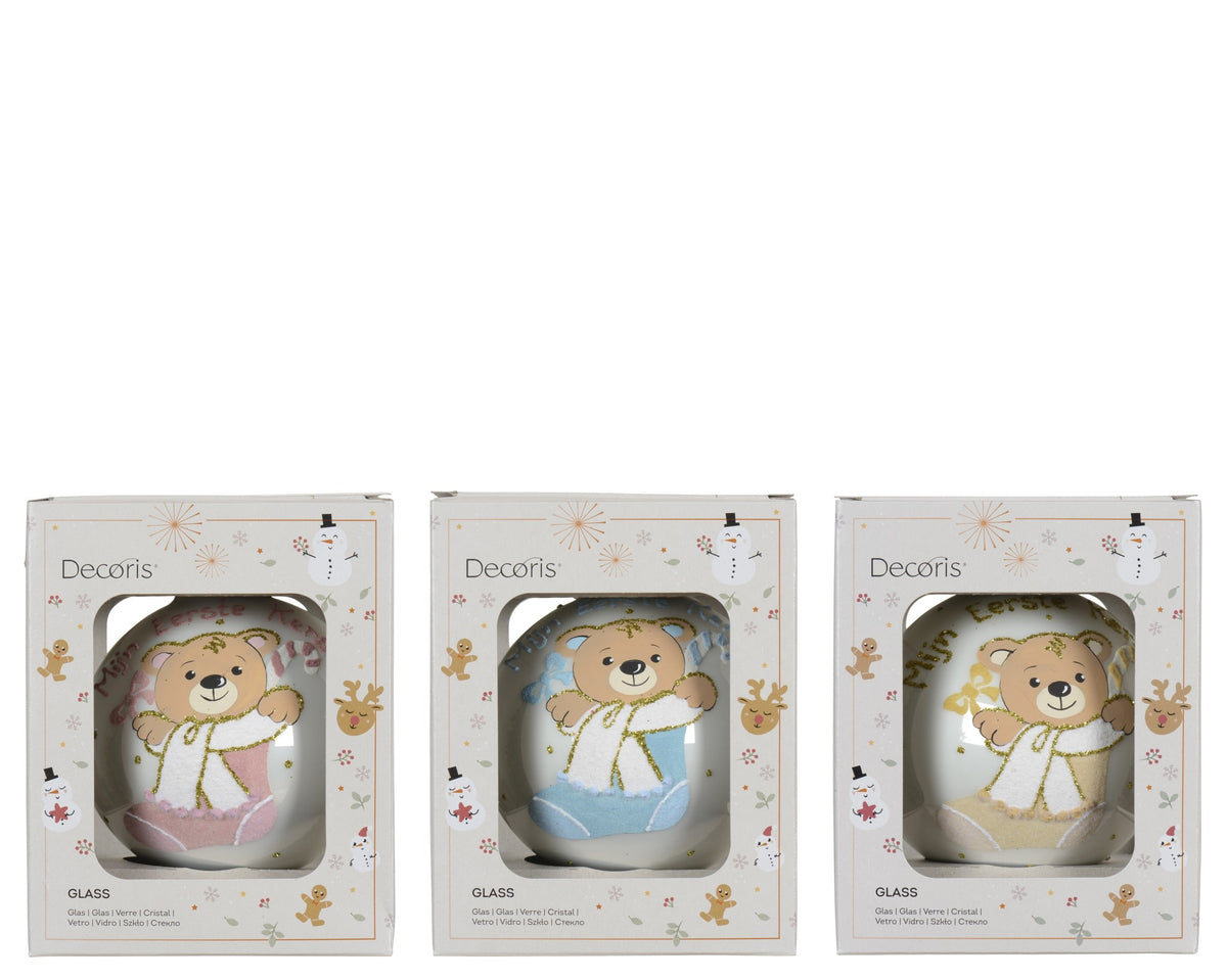 kerstbal glas enamel bear in sok nl 3ass assortie d.10cm