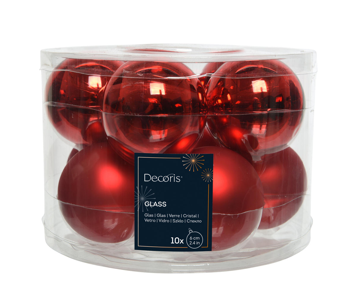 kerstballen glas shiny/mat mix kerstrood d.6cm koker a 10 stuks
