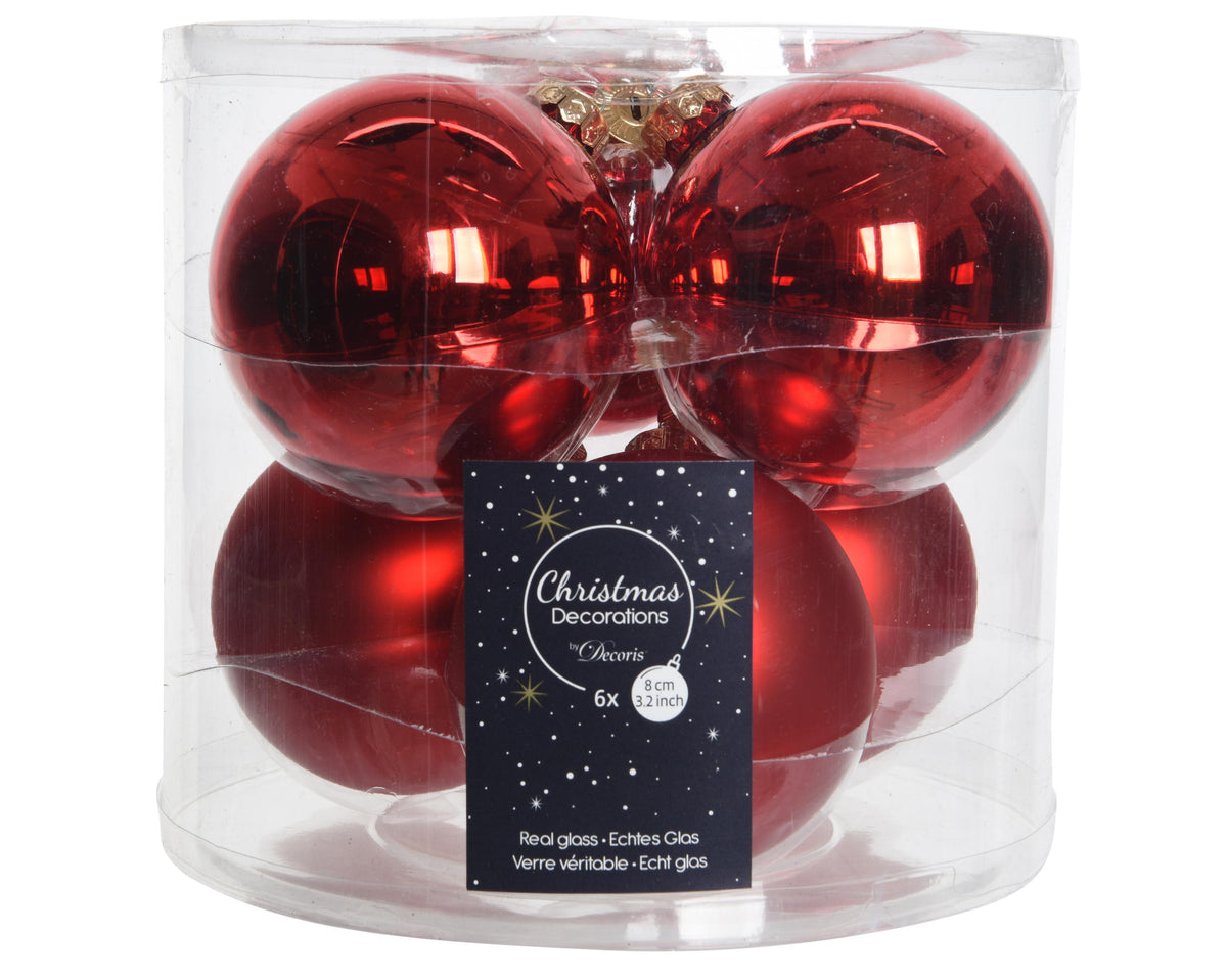 kerstballen glas shiny/mat mix kerstrood d.8cm koker a 6 stuks