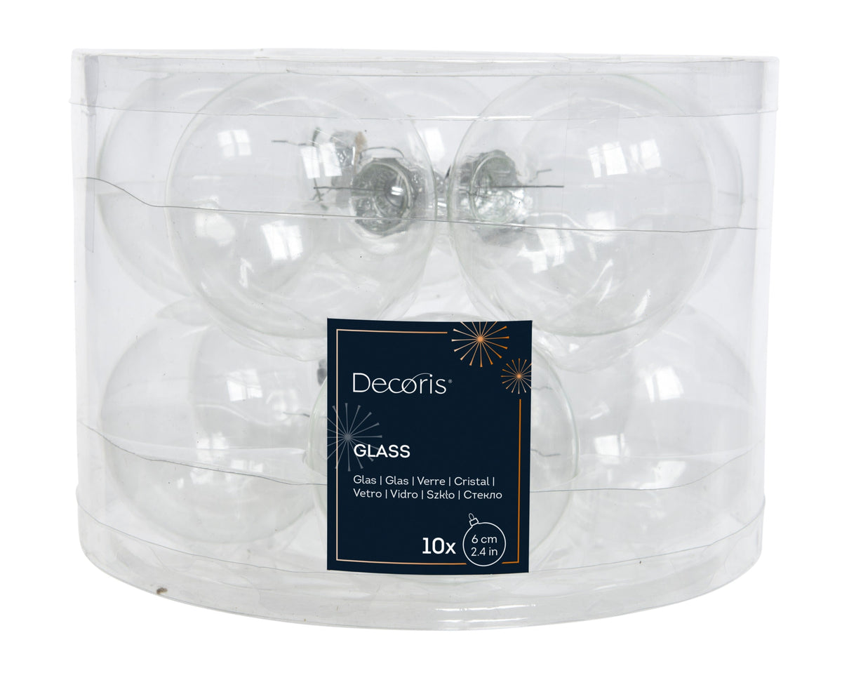 kerstballen glas shiny transparant/helder d.6cm koker a 10 stuks