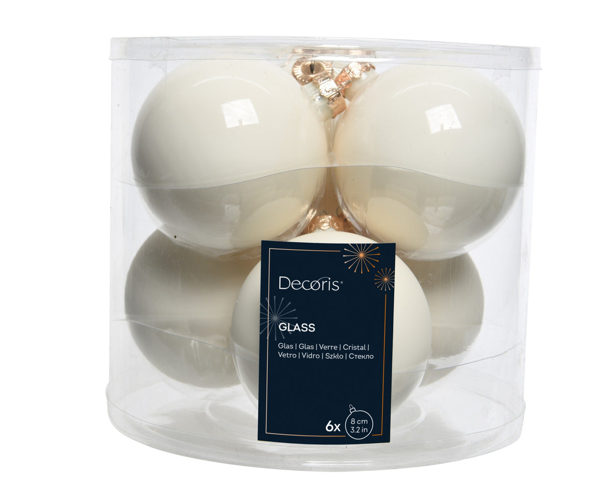 kerstballen glas shiny/mat mix wolwit d.8cm koker a 6 stuks
