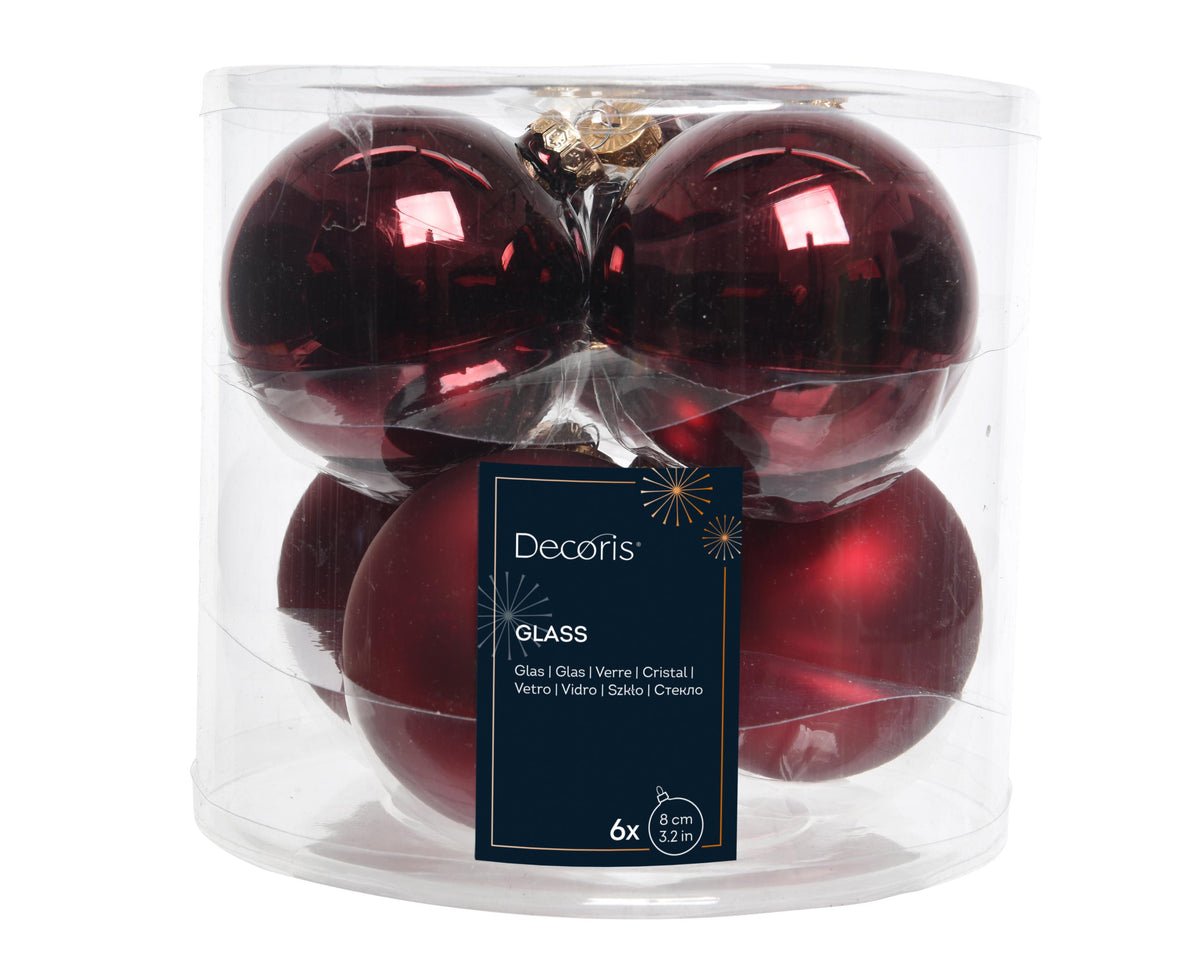 kerstballen glas shiny/mat mix ossenbloed d.8cm koker a 6 stuks