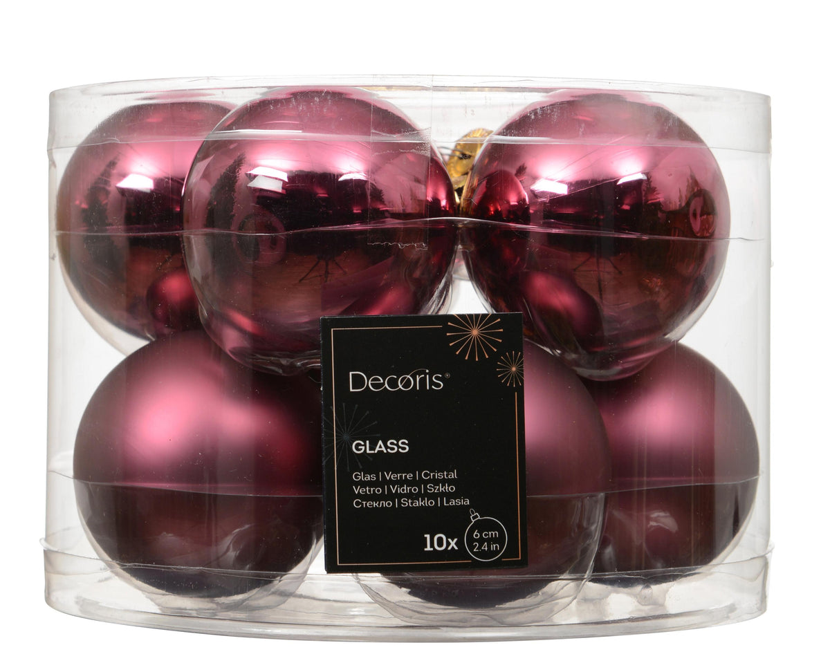 kerstballen glas shiny/mat mix donker roze d.6cm koker a 10 stuks