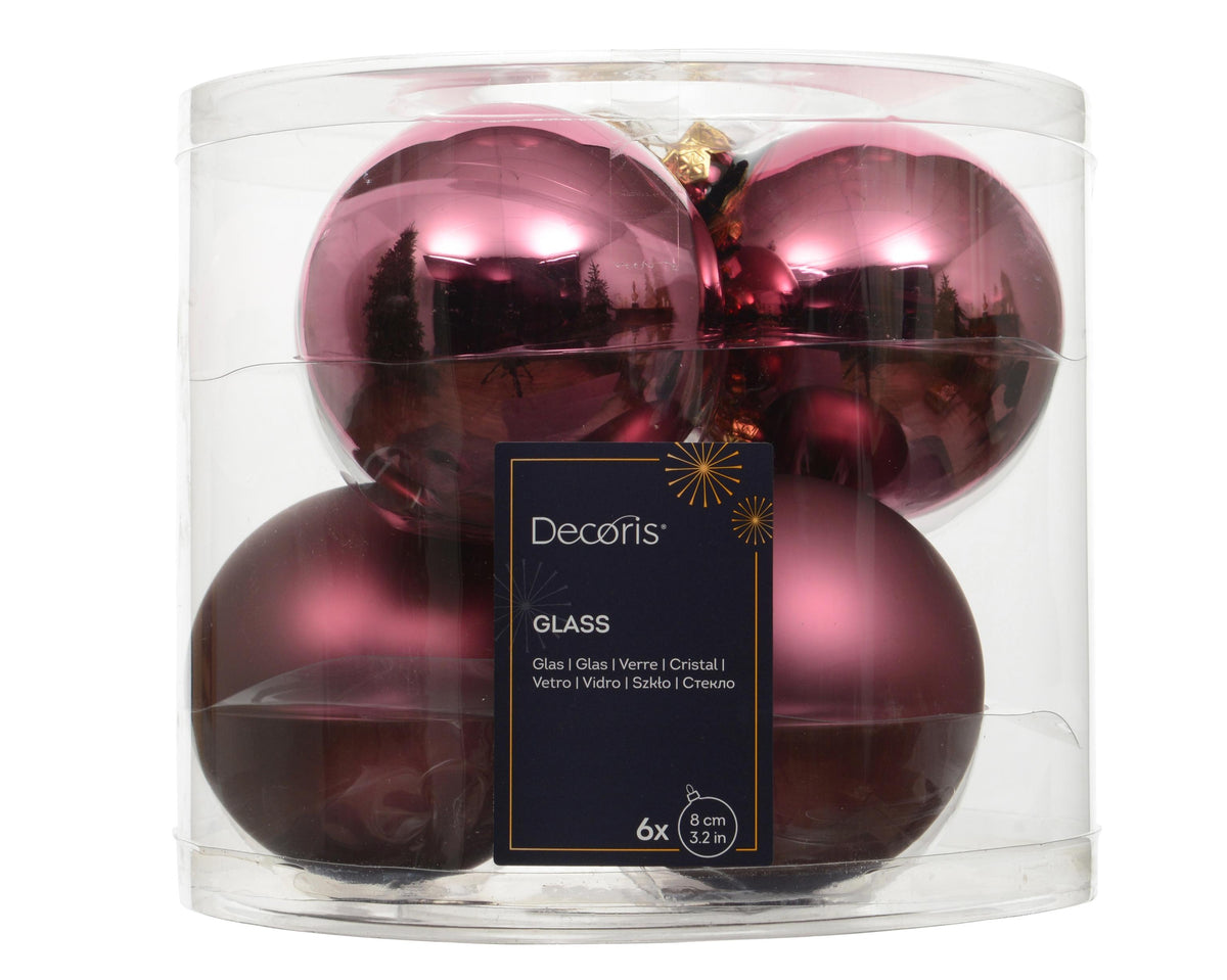 kerstballen glas shiny/mat mix donker roze d.8cm koker a 6 stuks