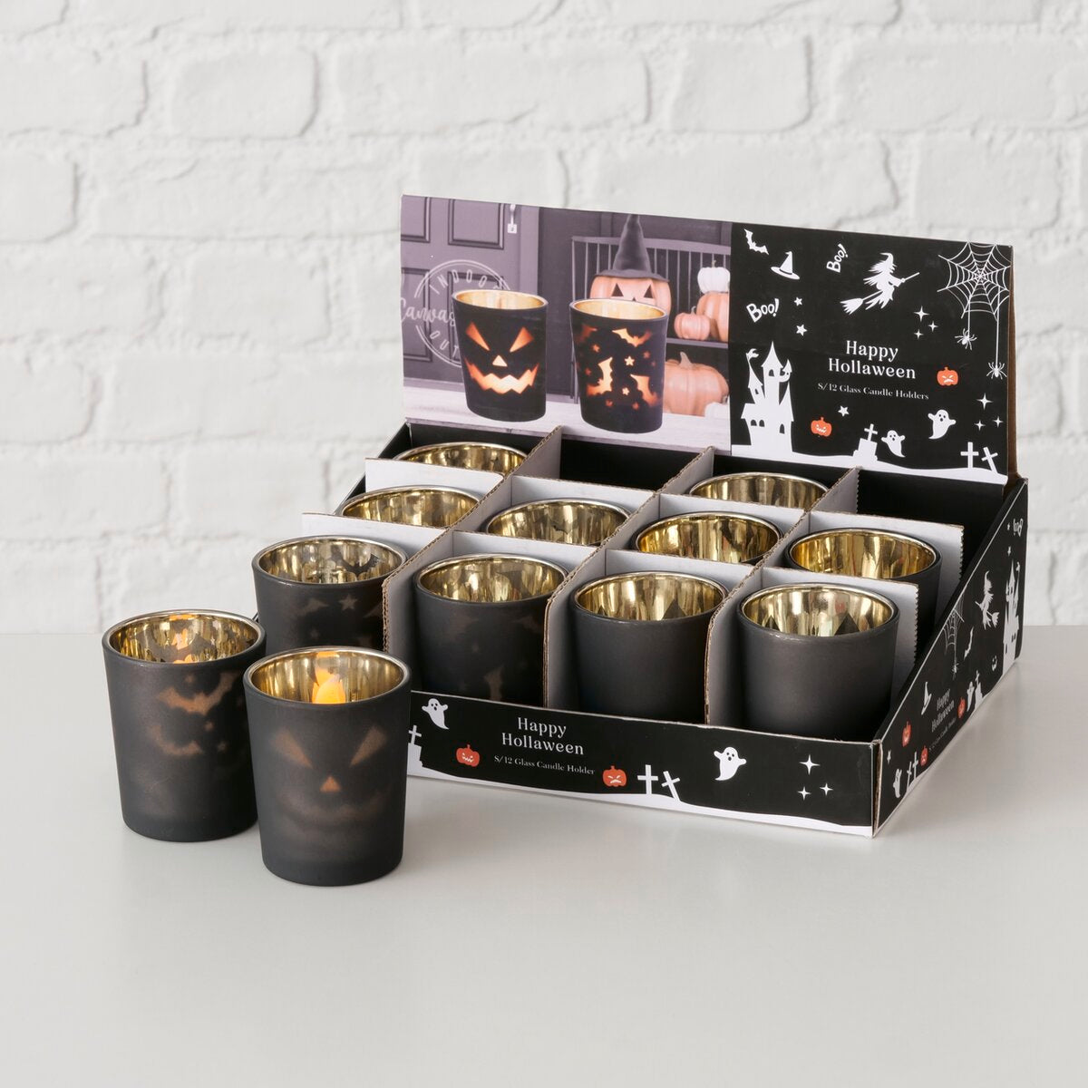 theelichthouder halloweeny, 2 ass., toonbankdisplay, rond, h 6,70 cm, gls