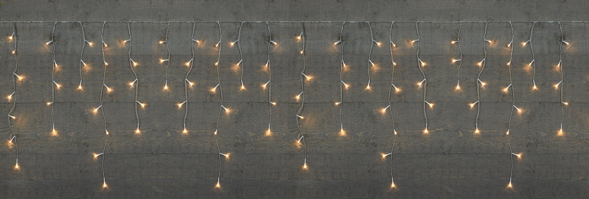 icicle lights transparant 360l/720x60cm led warm wit - 5m aanloopsnoer - ip44 trafo aan / 8/16u timer / uit