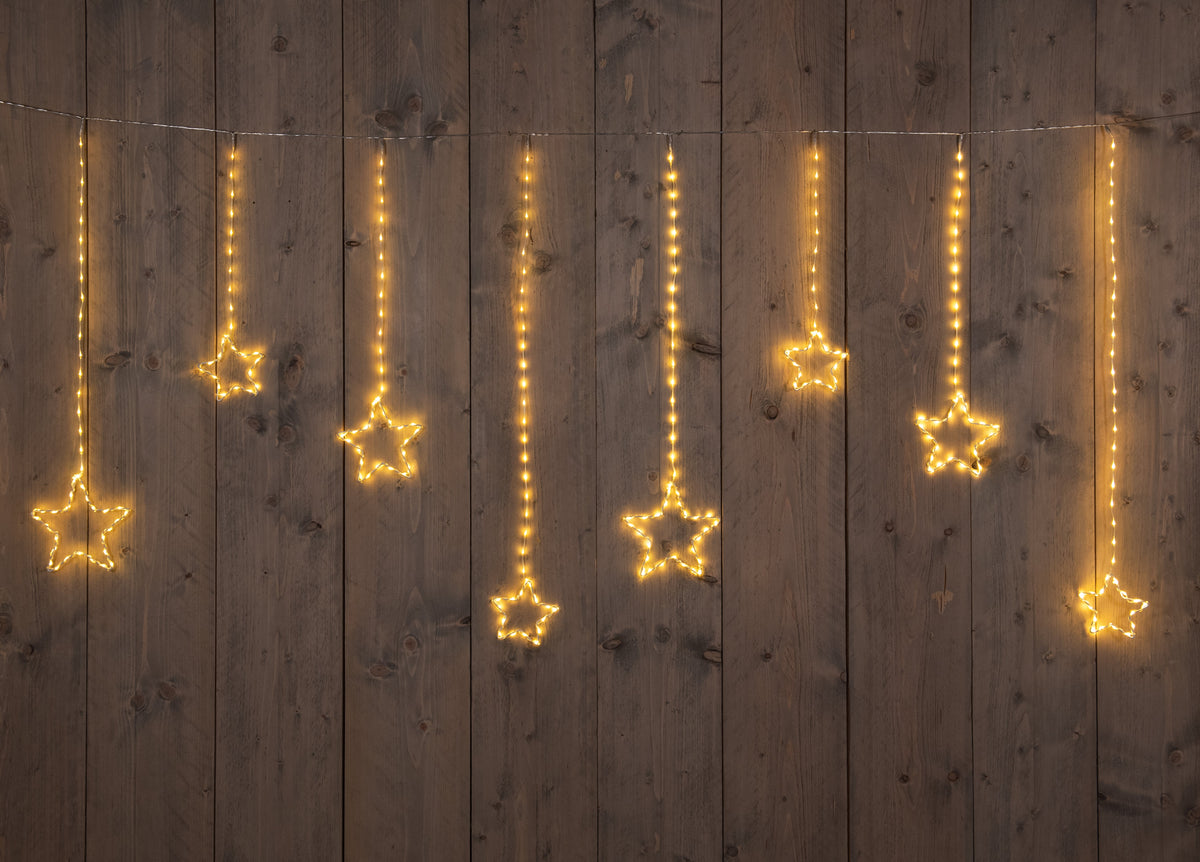 ster-gordijn  draad transparant 738l/400x80cm led classic warm 20 strengen/sterren - 5m aanloopsnoer  - ip44 trafo aan / 8/16u timer / uit / dimmer