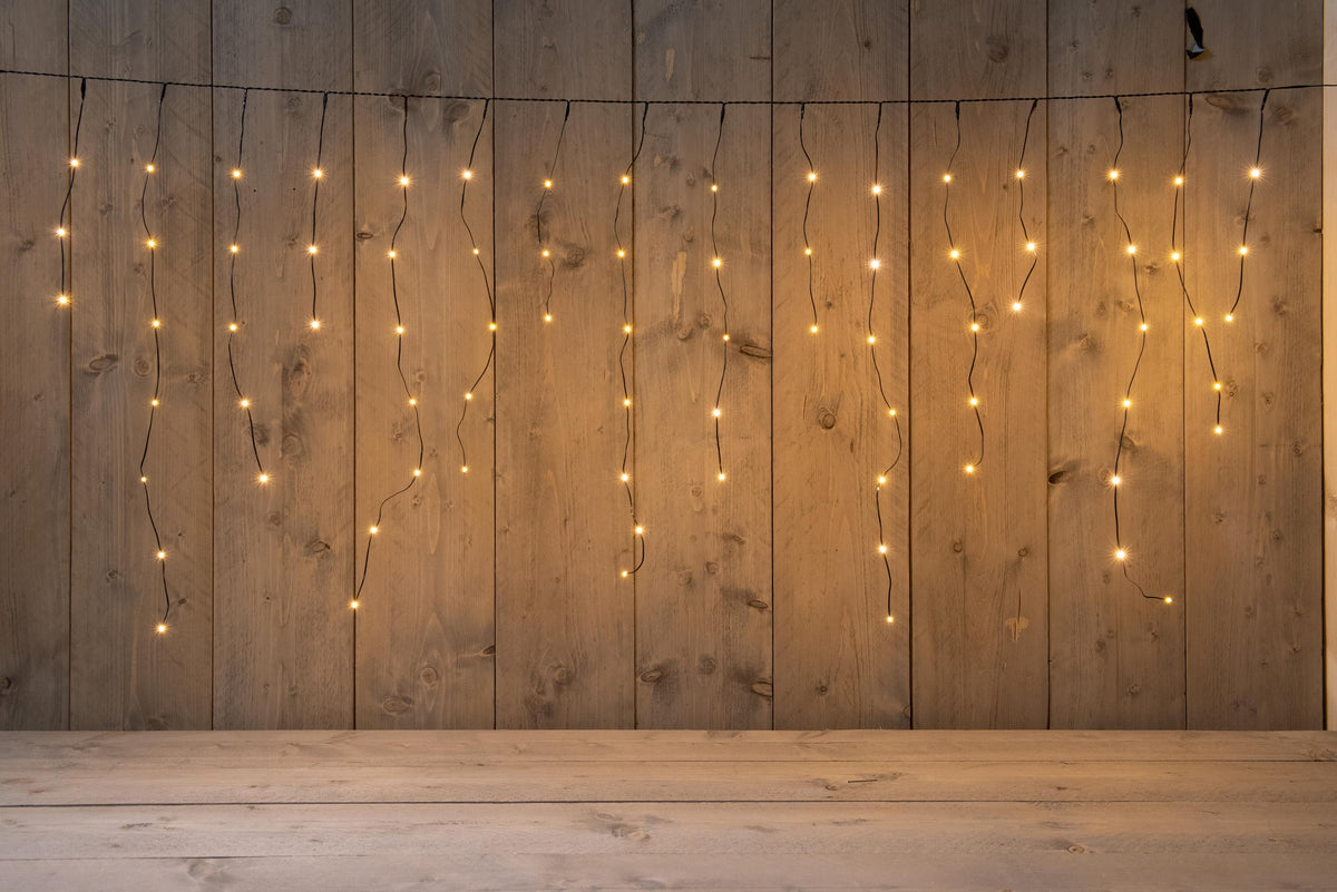 icicle lights draad zwart 360l 720x70cm led classic warm 72 streng 3/5/7/3/5/7 5m aanloopsnoer ip44 trafo aan / 8/16u timer / uit / dimmer