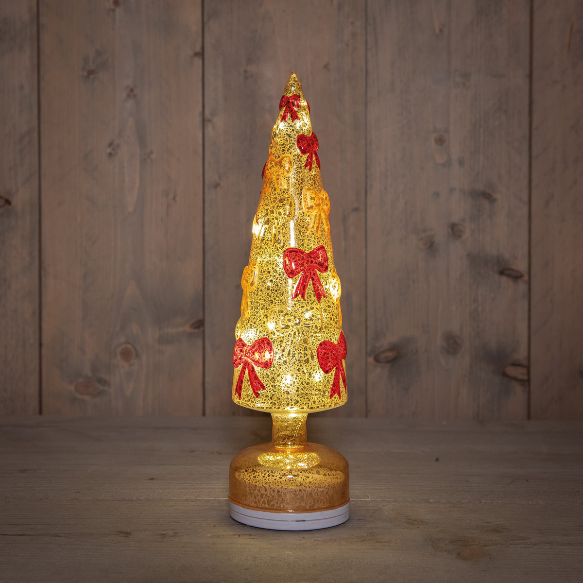 kerstboom strikken glas draaiend led op voet op batterij en usb c 9x9x34cm