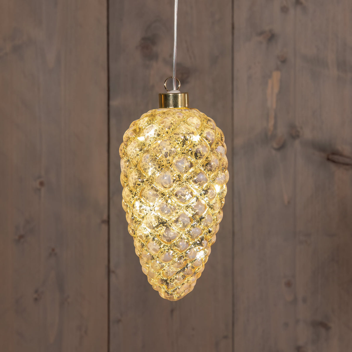 dennenappel glas led batterij met timer 17cm mercury goud en sneeuw
