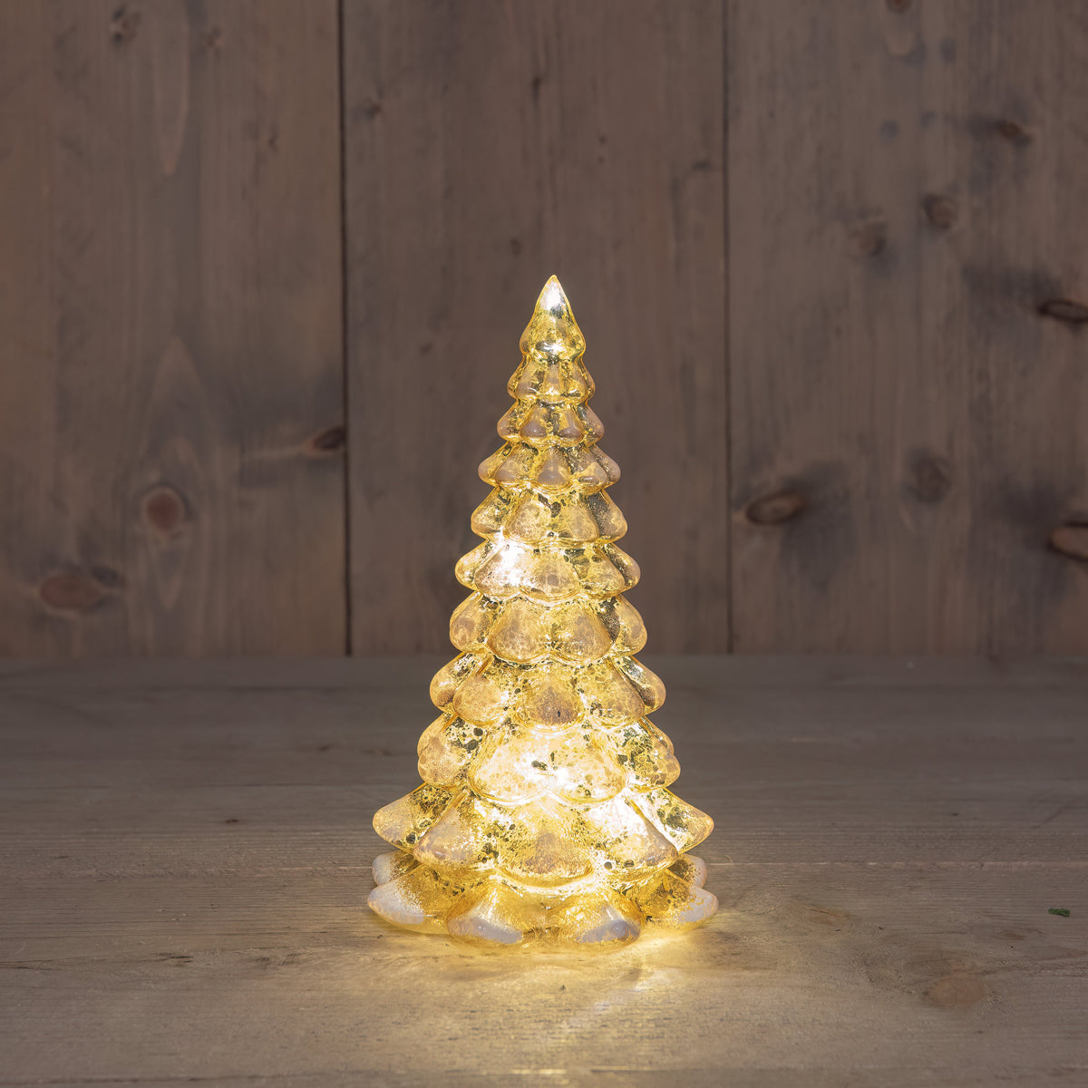 kerstboompje glas led  batterij 12x12x21cm mercury goud en sneeuw