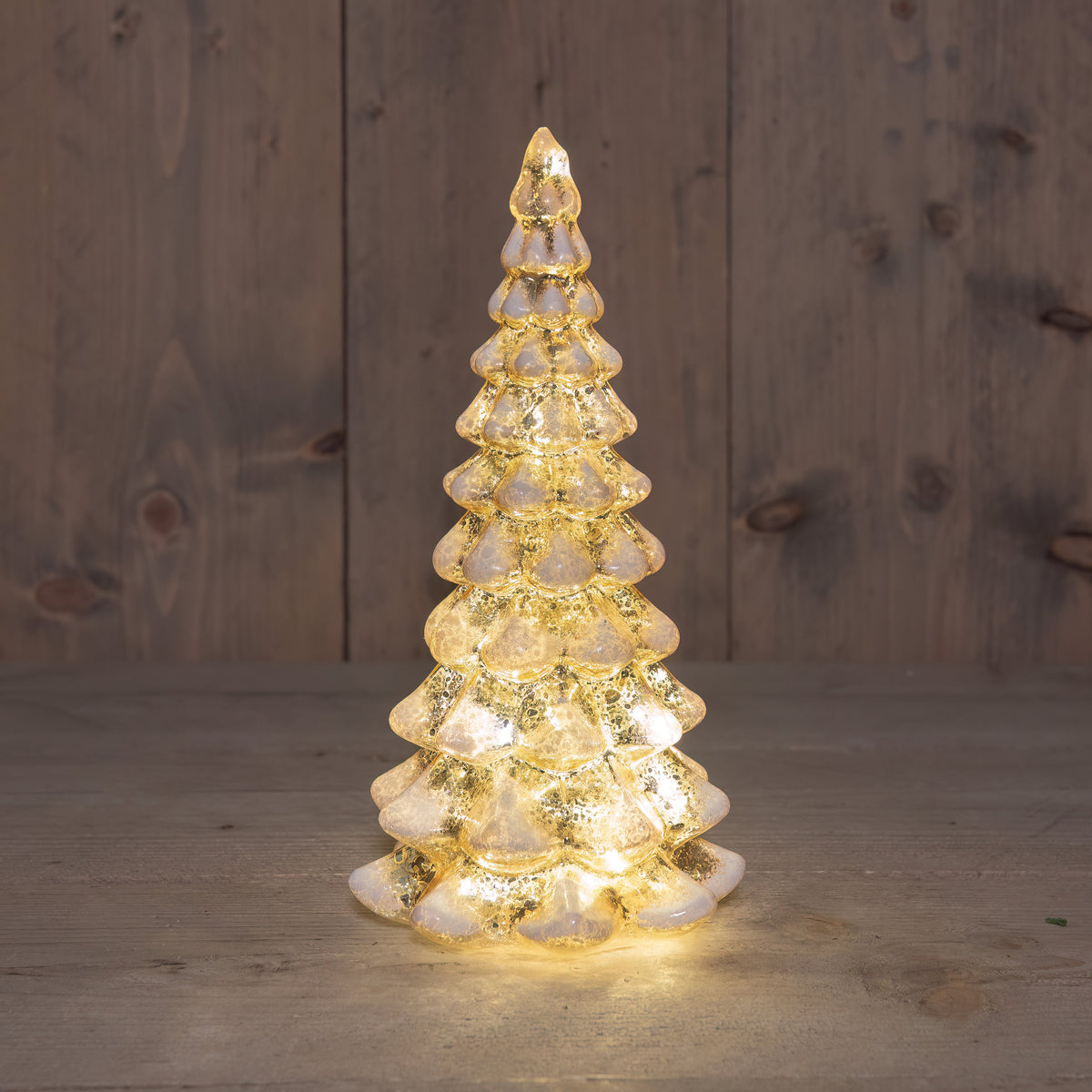 kerstboompje glas led  batterij 13x13x26cm mercury goud en sneeuw