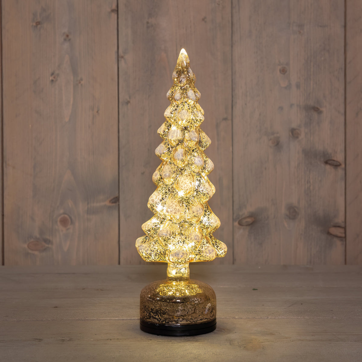 kerstboompje glas draaiend led  batterij 11x11x33cm mercury goud en sneeuw