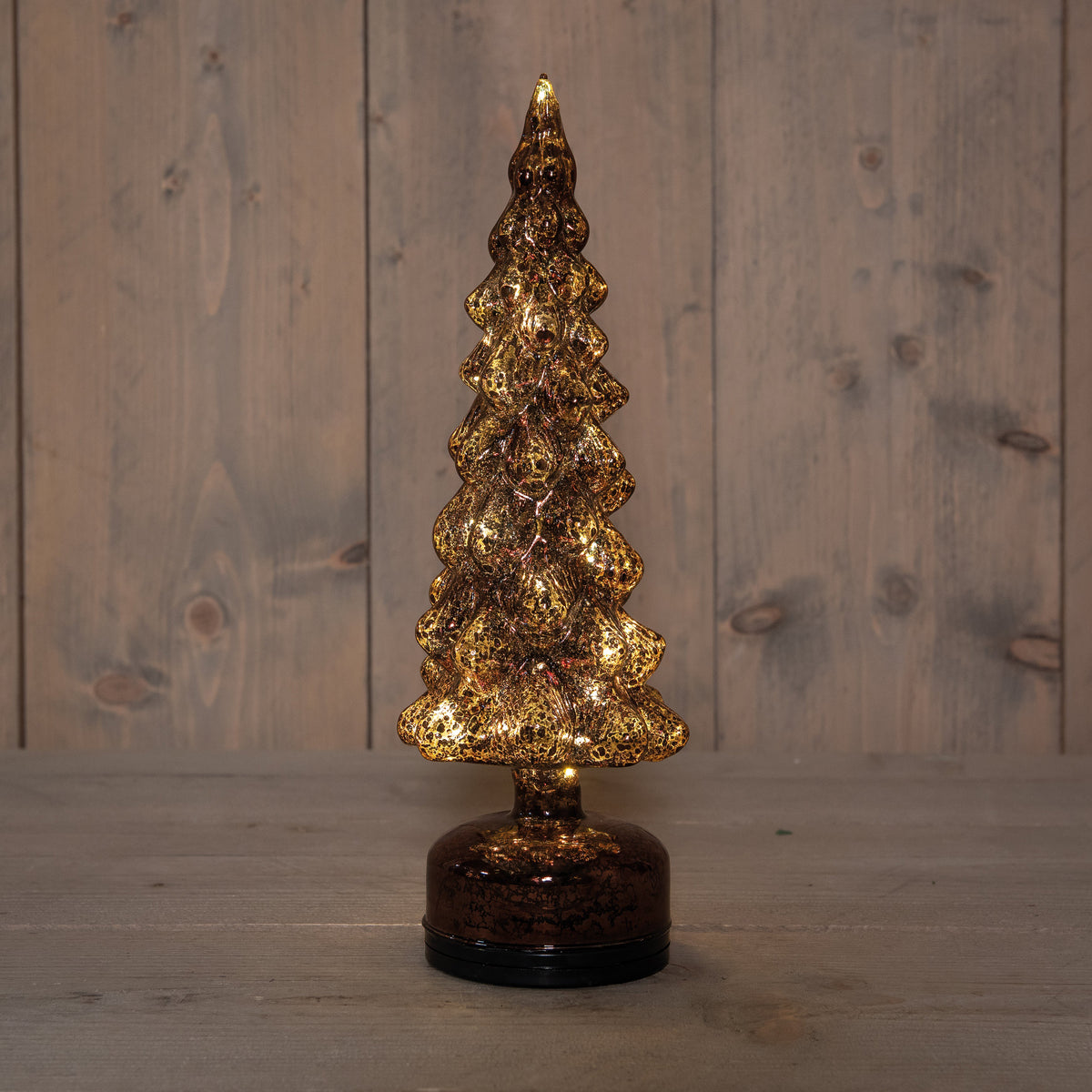kerstboompje glas draaiend led  batterij 11x11x33cm mercury bruin