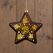 kersthanger ster glas met sterren 10led warm wit op 2aaa batterij met timer 19 cm donkerbruin/goud