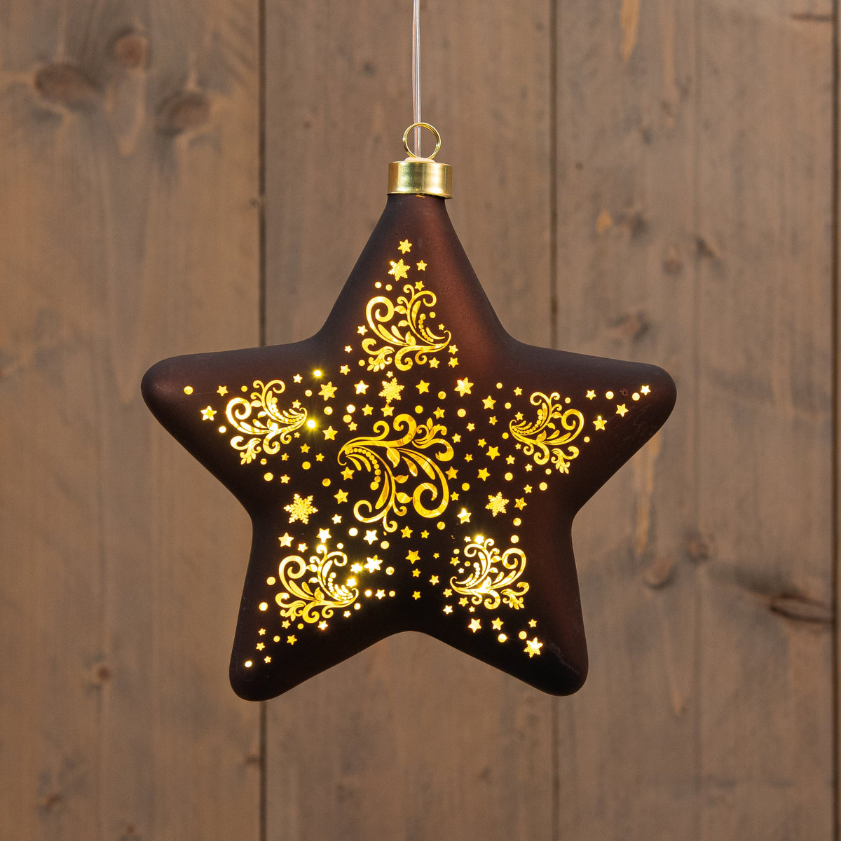 kersthanger ster glas met sterren 10led warm wit op 2aaa batterij met timer 19 cm donkerbruin/goud