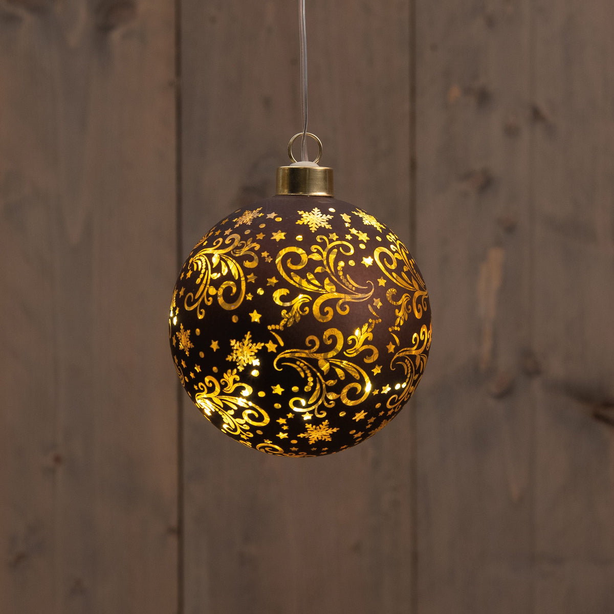 kersthanger bal glas met sterren 8led warm wit op 2aaa batterij met timer d10cm donkerbruin/goud