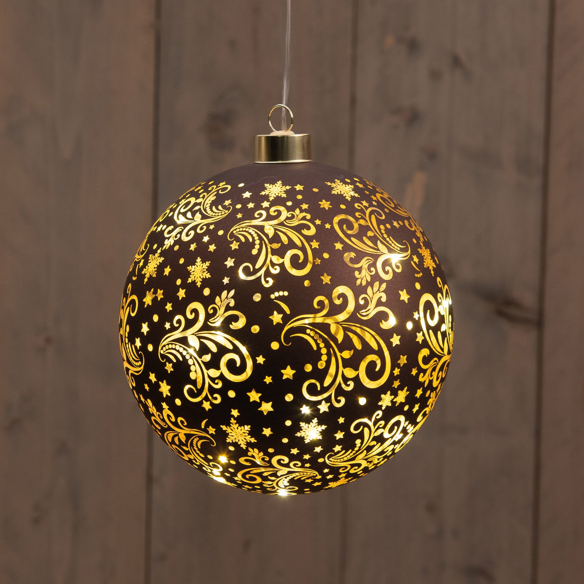 kersthanger bal glas met sterren 12led warm wit op 2aaa batterij met timer d15cm donkerbruin/goud