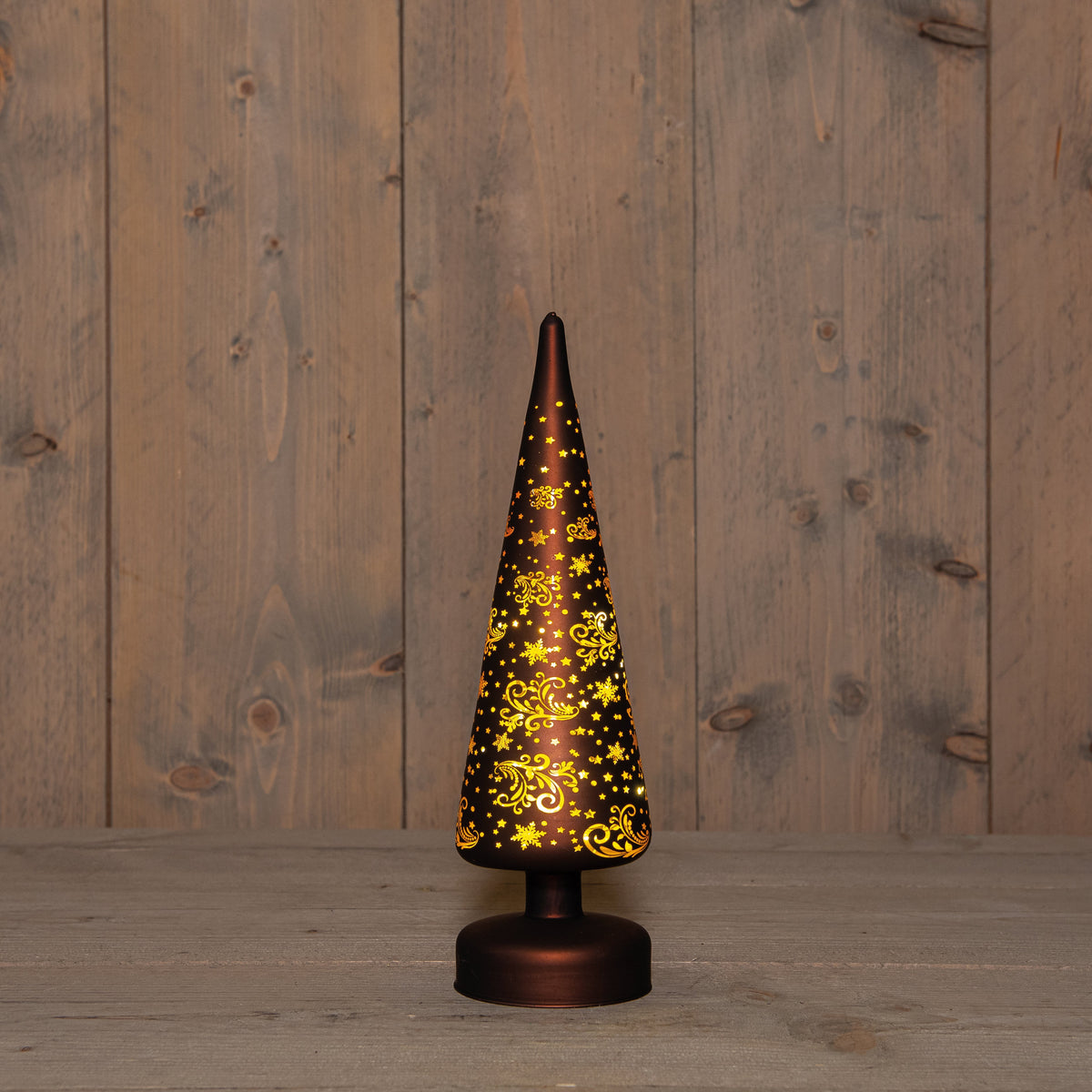 kerstboompje glas met sterren 10led warm wit op 3aa batterij met timer 30x9cm donkerbruin/goud