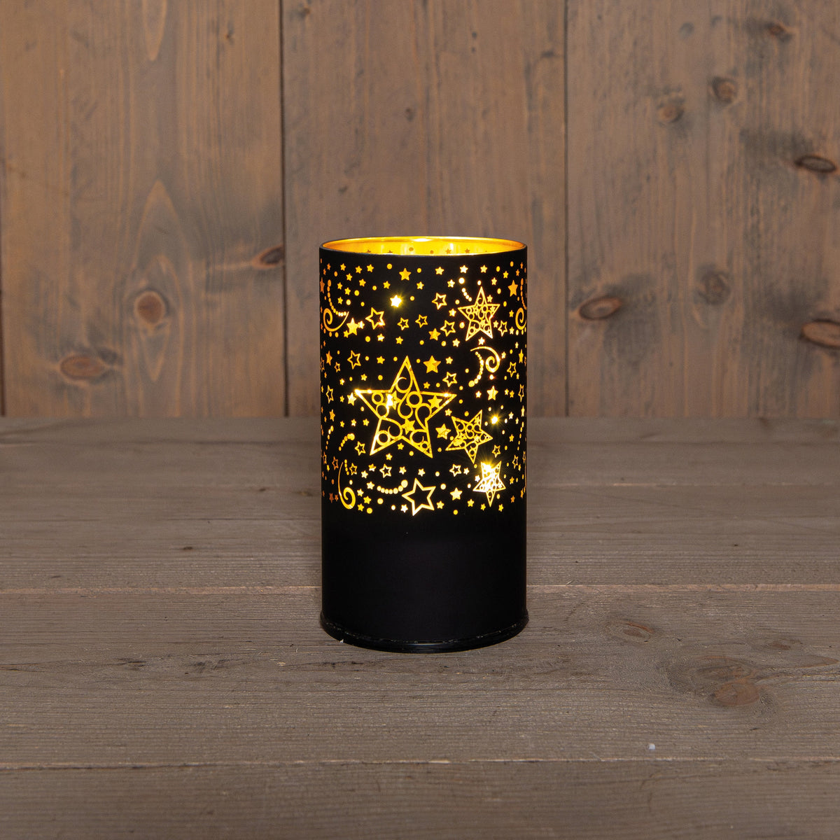 cylinder glas draaiend met sterren 10led warm wit op 3aa batterij met timer d9h16cm zwart/goud