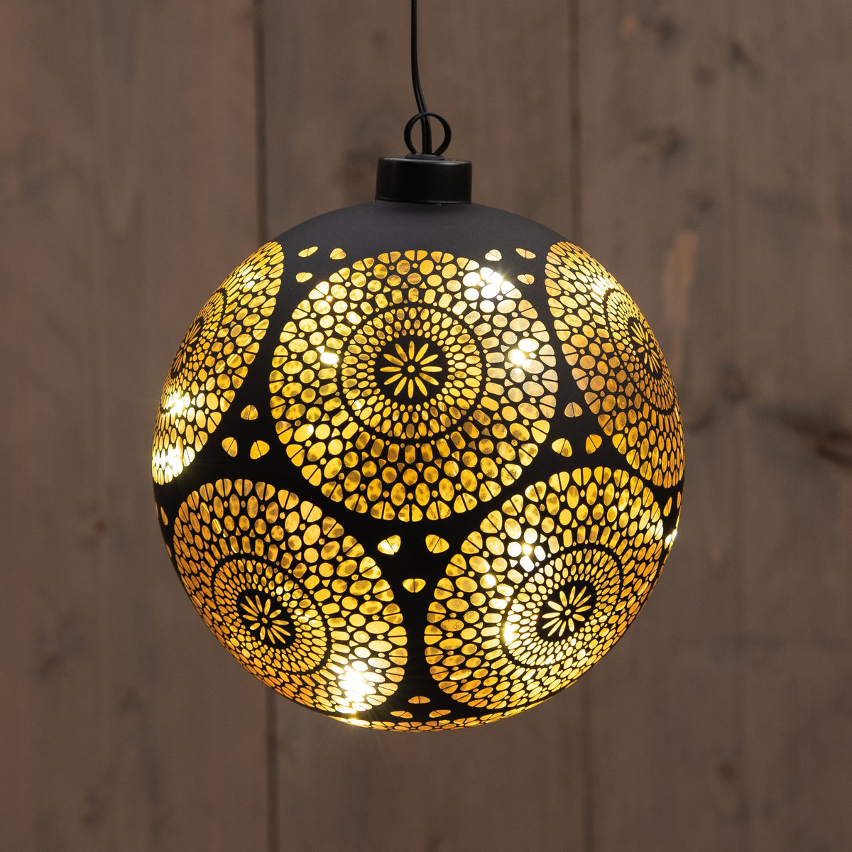 kersthanger bal glas marrakech 12led warm wit op 2aaa batterij met timer d15cm zwart/goud