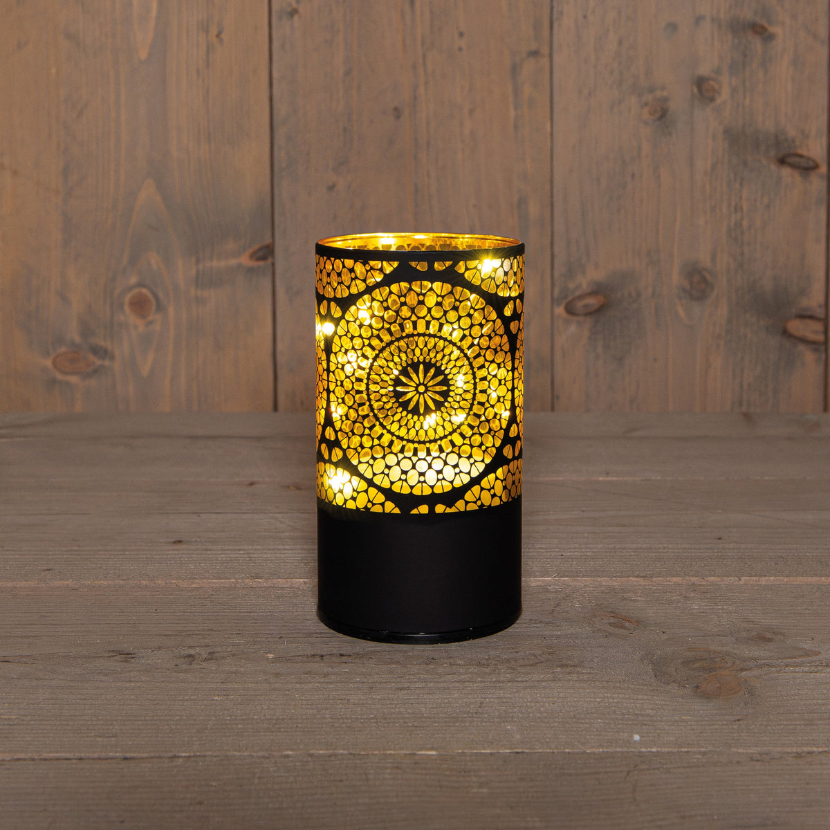 cylinder glas draaiend marrakech 10led warm wit op 3aa batterij met timer d9h16cm zwart/goud