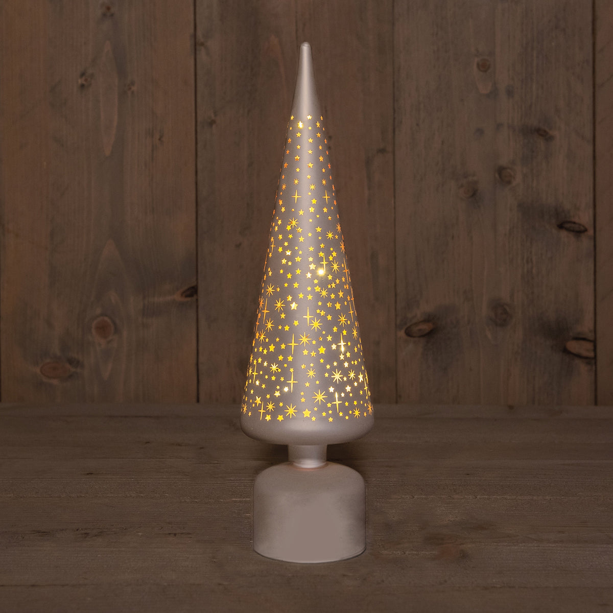 kerstboompje glas draaiend met sterren 10led warm wit op 3aa batterij met timer d10x39cm champagne