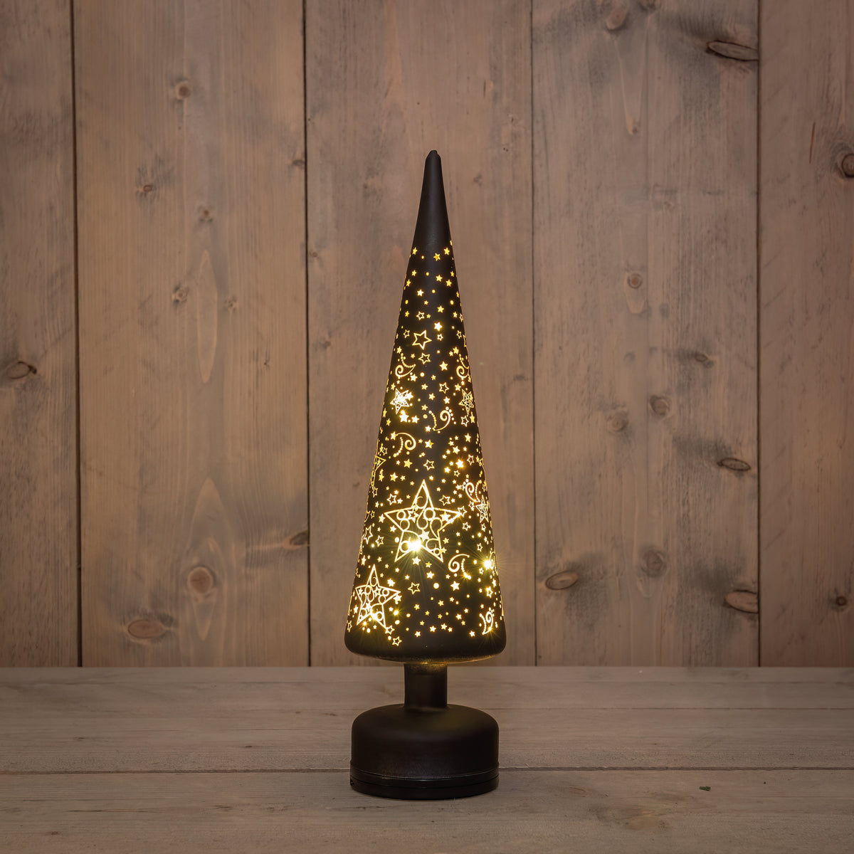 kerstboompje glas draaiend led  batterij en usb aansluiting 10x39cm zwart/goud sterren