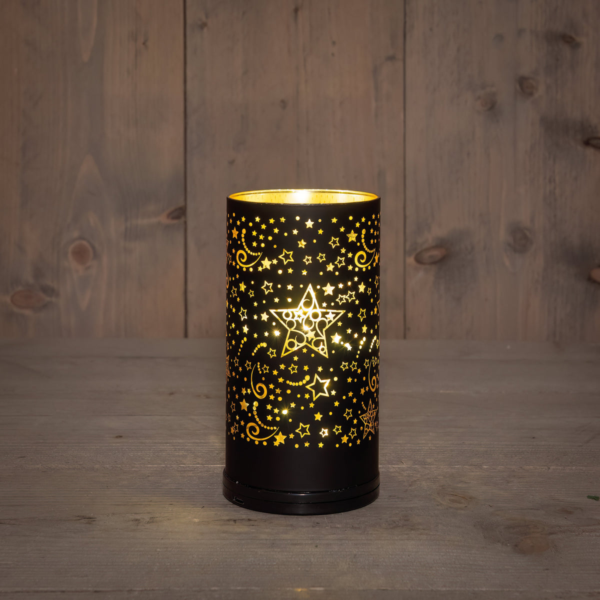 cylinder glas draaiend led batterij  usb aansluiting 9x17cm zwart/goud sterren
