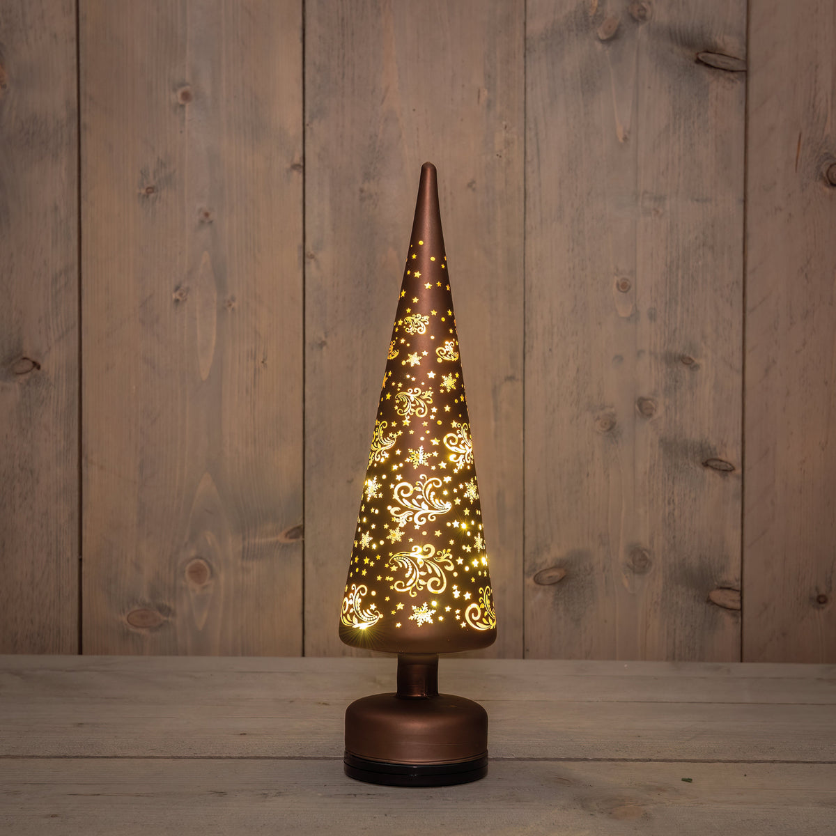 kerstboompje glas draaiend led  batterij en usb aansluiting 10x39cm donkerbruin sterren