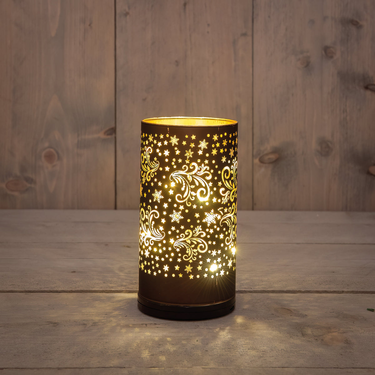 cylinder glas draaiend led batterij  usb aansluiting 9x17cm zwart/goud donkerbruin sterren