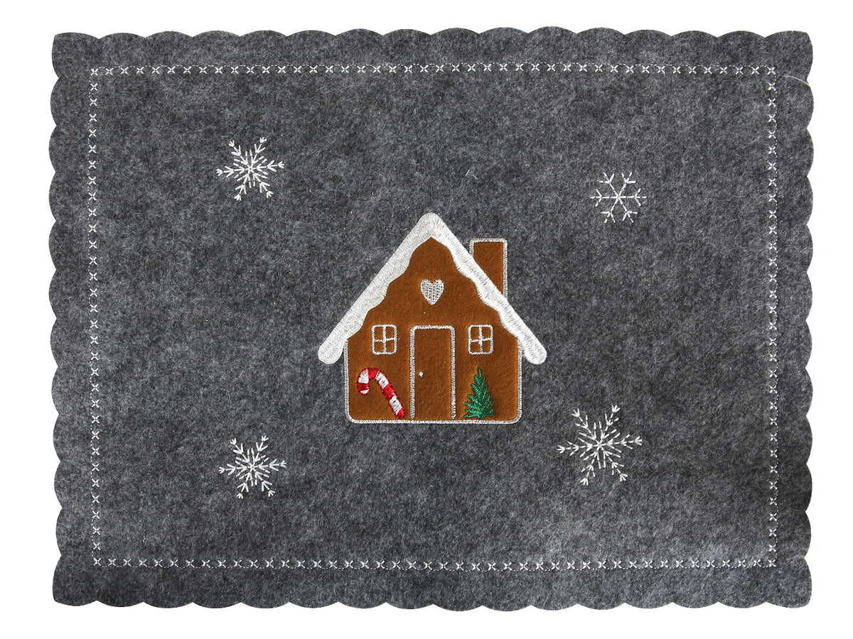 placemat kersthuisje vilt 40x30cm  grijs