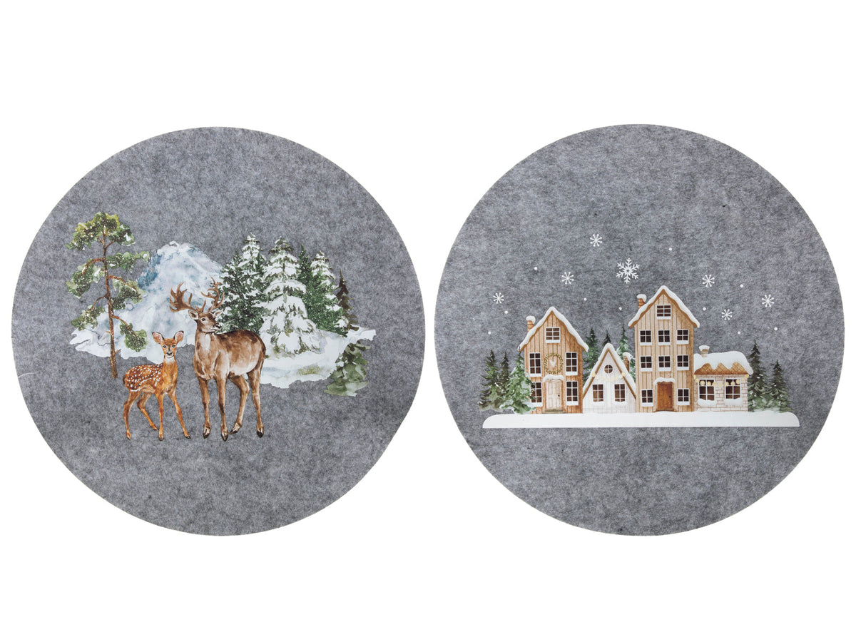 placemat kerstscene vilt ø33cm 2 assorti kersthuisjes/ rendieren