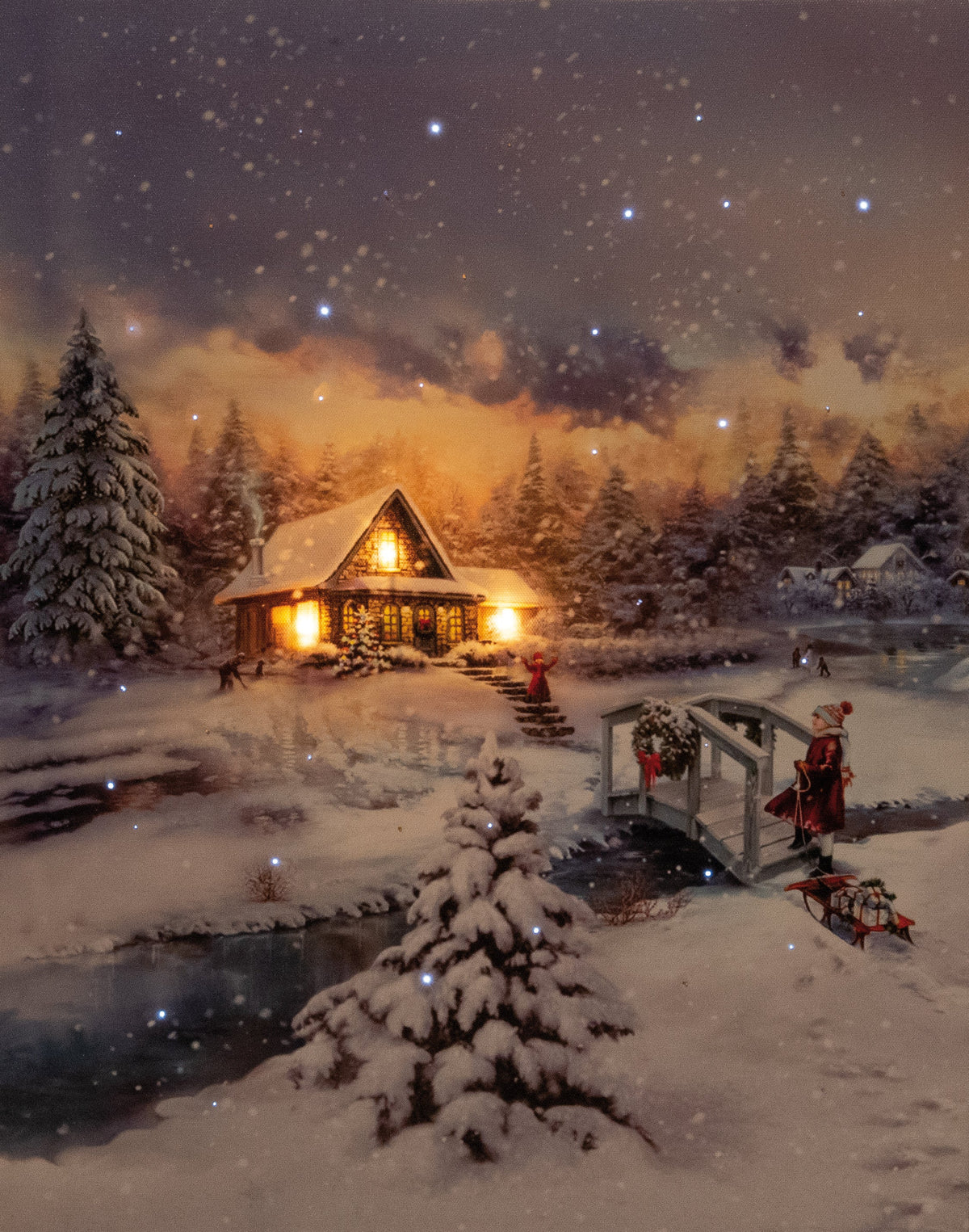 b.o. led canvas 38x48cm / meisje met slee 3led + 42 fiber / 2aa